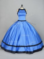 Affordable Blue Ball Gowns Satin Scoop Sleeveless Ruching Floor Length Lace Up Quince Ball Gowns