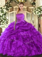 Purple 15th Birthday Dress Military Ball and Sweet 16 and Quinceanera with Ruffles and Pick Ups Strapless Sleeveless Lace Up(SKU SJQDDT1591002-1BIZ)