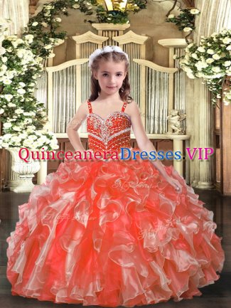 Adorable Floor Length Lace Up Pageant Dress Orange Red for Party and Sweet 16 and Wedding Party with Beading and Ruffles