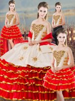 Luxury Floor Length White And Red Sweet 16 Dress Organza Sleeveless Beading and Ruffled Layers