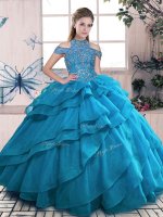 Lovely Blue Organza Lace Up Sweet 16 Quinceanera Dress Sleeveless Floor Length Beading and Ruffled Layers(SKU SJQDDT2077002-5BIZ)
