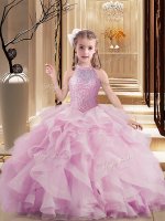 Simple Lilac Ball Gowns Beading and Ruffles Pageant Gowns For Girls Lace Up Tulle Sleeveless Floor Length