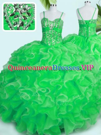 Popular Green 15 Quinceanera Dress Military Ball and Sweet 16 and Quinceanera with Beading and Ruffles Spaghetti Straps Sleeveless Lace Up