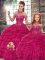 Fuchsia Ball Gowns Tulle Halter Top Sleeveless Beading and Ruffles Floor Length Lace Up Quinceanera Dress