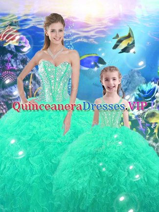 Floor Length Lace Up 15 Quinceanera Dress Turquoise for Military Ball and Sweet 16 and Quinceanera with Beading and Ruffles