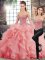 Sweetheart Sleeveless Quinceanera Dresses Brush Train Beading and Ruffles Watermelon Red Tulle