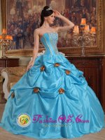 Gold Flower Decorate With Strapless Sky Blue Quinceanera Dress In Iron River Wisconsin/WI
