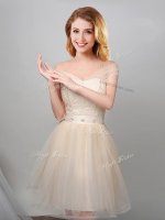 Off the Shoulder Mini Length Champagne Vestidos de Damas Tulle Short Sleeves Lace and Appliques and Belt
