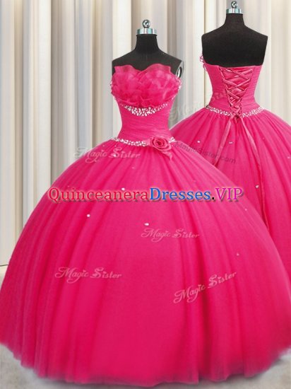 Handcrafted Flower Beading and Sequins and Hand Made Flower Sweet 16 Dress Hot Pink Lace Up Sleeveless Floor Length - Click Image to Close