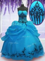 Flirting Blue Organza Lace Up Ball Gown Prom Dress Sleeveless Floor Length Embroidery