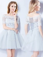 Off the Shoulder Light Blue Short Sleeves Tulle Lace Up Dama Dress for Quinceanera for Prom and Party and Wedding Party