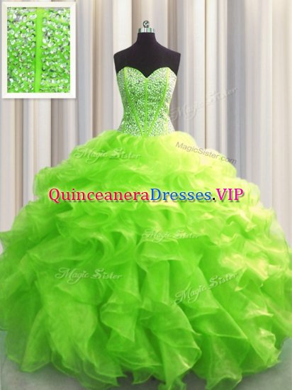 Fine Visible Boning Sleeveless Floor Length Beading and Ruffles Lace Up Quinceanera Dress - Click Image to Close