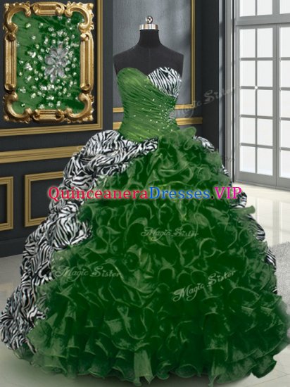 Wonderful Printed Beading and Ruffles and Pattern 15 Quinceanera Dress Dark Green Lace Up Sleeveless With Brush Train - Click Image to Close