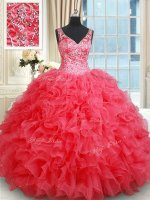 Ball Gowns Quinceanera Dresses Coral Red V-neck Organza Sleeveless Floor Length Backless(SKU PSSW0342BIZ)