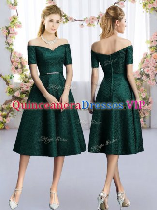 Luxury Dark Green A-line Belt Dama Dress Lace Short Sleeves Tea Length