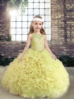 Yellow Green Ball Gowns Scoop Sleeveless Fabric With Rolling Flowers Floor Length Lace Up Beading Winning Pageant Gowns