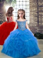 Cute Blue Pageant Dress for Teens Party and Wedding Party with Beading and Ruffles Off The Shoulder Sleeveless Lace Up