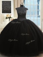 Edgy High-neck Cap Sleeves Tulle Ball Gown Prom Dress Beading Zipper