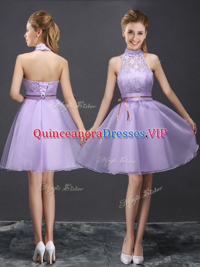 Organza Halter Top Sleeveless Lace Up Lace and Belt Dama Dress for Quinceanera in Lavender - Click Image to Close