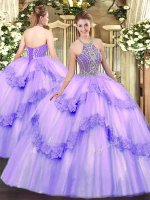 Free and Easy Halter Top Sleeveless Tulle Ball Gown Prom Dress Beading and Appliques Lace Up