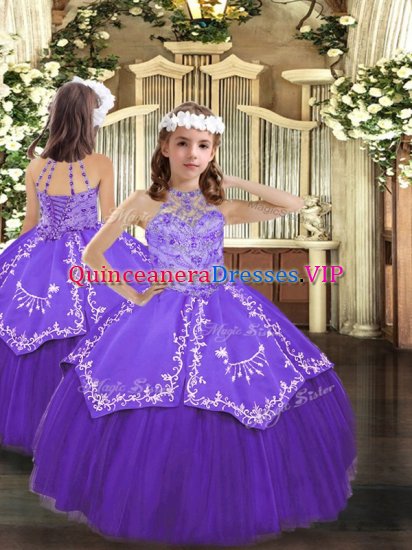 Purple Sleeveless Floor Length Beading and Embroidery Lace Up Pageant Dress Toddler - Click Image to Close