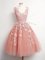 Knee Length Peach Quinceanera Court Dresses Tulle Sleeveless Lace