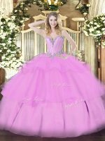Glamorous Floor Length Lilac Ball Gown Prom Dress Tulle Sleeveless Beading and Ruffled Layers