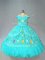 Inexpensive Aqua Blue Sweet 16 Dresses Sweet 16 and Quinceanera with Embroidery Off The Shoulder Sleeveless Lace Up
