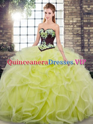 Yellow Green 15 Quinceanera Dress Military Ball and Sweet 16 and Quinceanera with Embroidery and Ruffles Sweetheart Sleeveless Sweep Train Lace Up