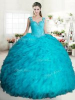 Straps Aqua Blue Ball Gowns Beading and Ruffles Vestidos de Quinceanera Zipper Tulle Sleeveless Floor Length(SKU YYPJ060-1BIZ)