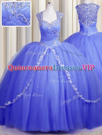 Lovely Zipper Up With Train Blue 15th Birthday Dress Tulle Brush Train Cap Sleeves Beading and Appliques