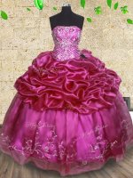 Captivating Pick Ups Strapless Sleeveless Lace Up Quince Ball Gowns Fuchsia Organza