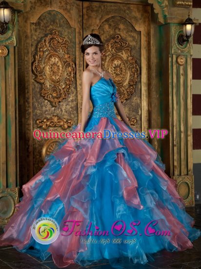 Pohjankuru Finland Remarkable Sky Blue and Watermelon Red Lace Up Beading and Ruffles Decorate Bodice For Quinceanera Dress Strapless Organza Ball Gown - Click Image to Close