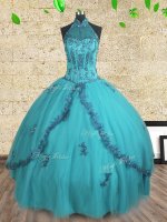 Ball Gowns Sweet 16 Quinceanera Dress Teal Halter Top Tulle Sleeveless Floor Length Lace Up