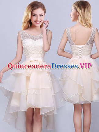 Fabulous Scoop Champagne Lace Up Dama Dress for Quinceanera Lace and Ruffles Sleeveless High Low
