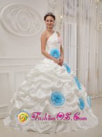 York Harbor Maine/ME Beautiful One Shoulder Neckline White Flowers Decorate Quinceanera Dress With ruffles