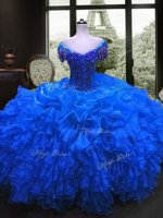 Floor Length Ball Gowns Cap Sleeves Royal Blue Sweet 16 Quinceanera Dress Lace Up