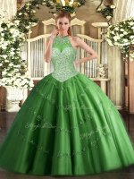 Green Lace Up Halter Top Beading and Appliques Sweet 16 Dress Tulle Sleeveless