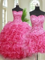 Sumptuous Three Piece Sweetheart Sleeveless Lace Up Quince Ball Gowns Hot Pink Organza