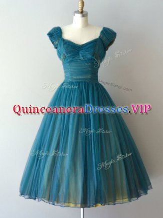 High Quality Teal V-neck Zipper Ruching Court Dresses for Sweet 16 Cap Sleeves