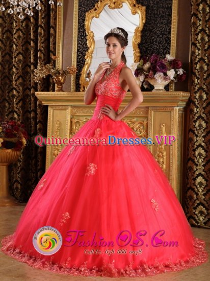 Gorgeous Halter Tulle Ball Gown Coral Red Walled Lake Michigan/MI Quinceanera Gowns With delicate Appliques - Click Image to Close