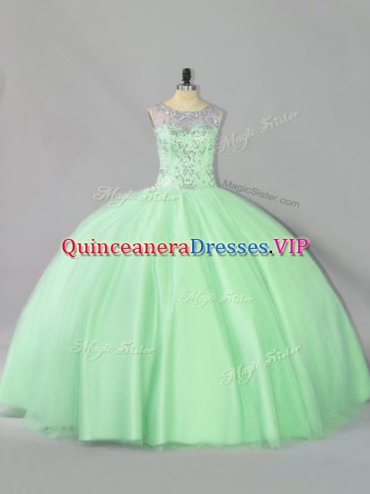 Sexy Sleeveless Tulle Floor Length Lace Up Quinceanera Gown in Apple Green with Sequins - Click Image to Close