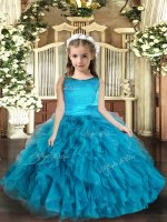Beauteous Blue Little Girl Pageant Gowns Party and Wedding Party with Ruffles Scoop Sleeveless Lace Up