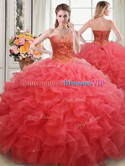 Graceful Ball Gowns 15th Birthday Dress Coral Red Sweetheart Organza Sleeveless Floor Length Lace Up - Click Image to Close