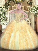 Champagne Ball Gowns Organza Sweetheart Sleeveless Appliques and Ruffles Floor Length Lace Up Quince Ball Gowns