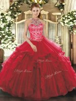 Modern Floor Length Ball Gowns Sleeveless Coral Red 15 Quinceanera Dress Lace Up