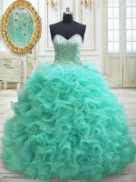 Apple Green Sleeveless Brush Train Beading and Ruffles Sweet 16 Dresses