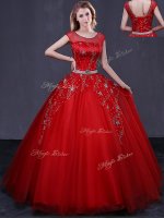 Classical Scoop Beading and Belt Quinceanera Dresses Red Lace Up Cap Sleeves Floor Length