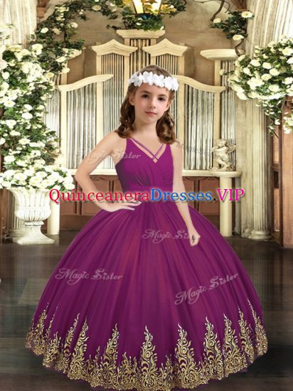 Purple Ball Gowns Tulle V-neck Sleeveless Embroidery Floor Length Zipper Kids Formal Wear - Click Image to Close
