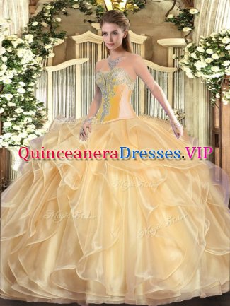 Low Price Champagne Lace Up Sweetheart Beading and Ruffles 15 Quinceanera Dress Organza Sleeveless